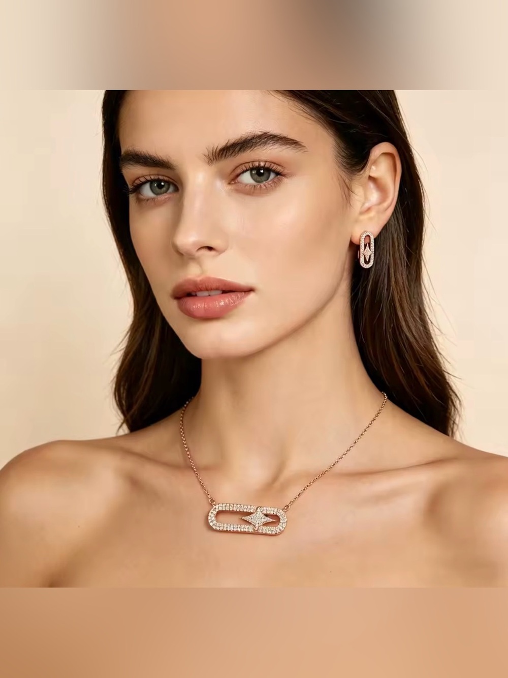 18K White Gold Paperclip Move Micro Pave Diamond Inspired Necklace Earrings Set - Picture 3 of 4